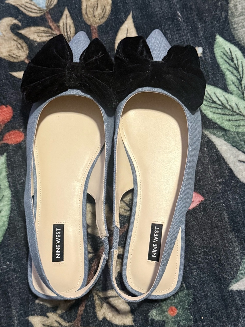 Nine West Blue Slingback Flats with Black Velvet Bow
